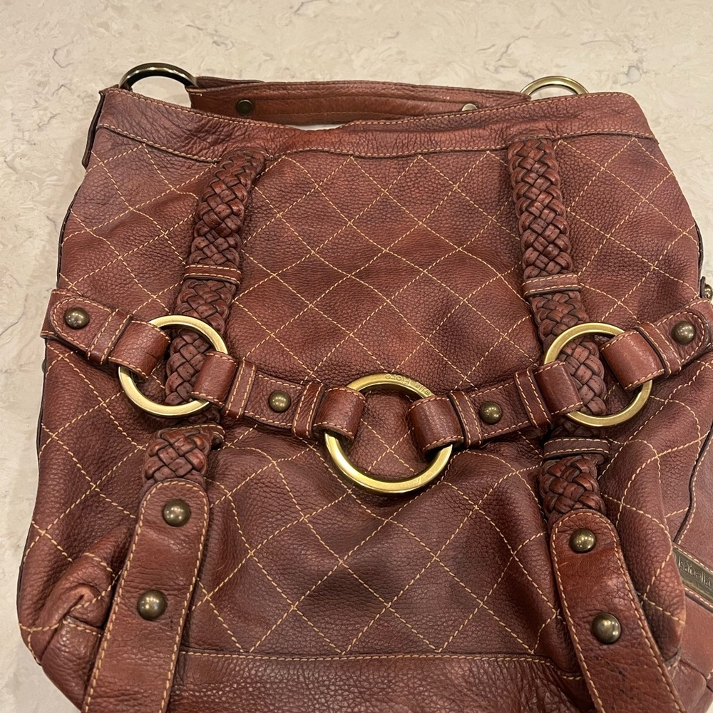 Isabella Fiore Brown Quilted Hobo Bag with Gold Accents